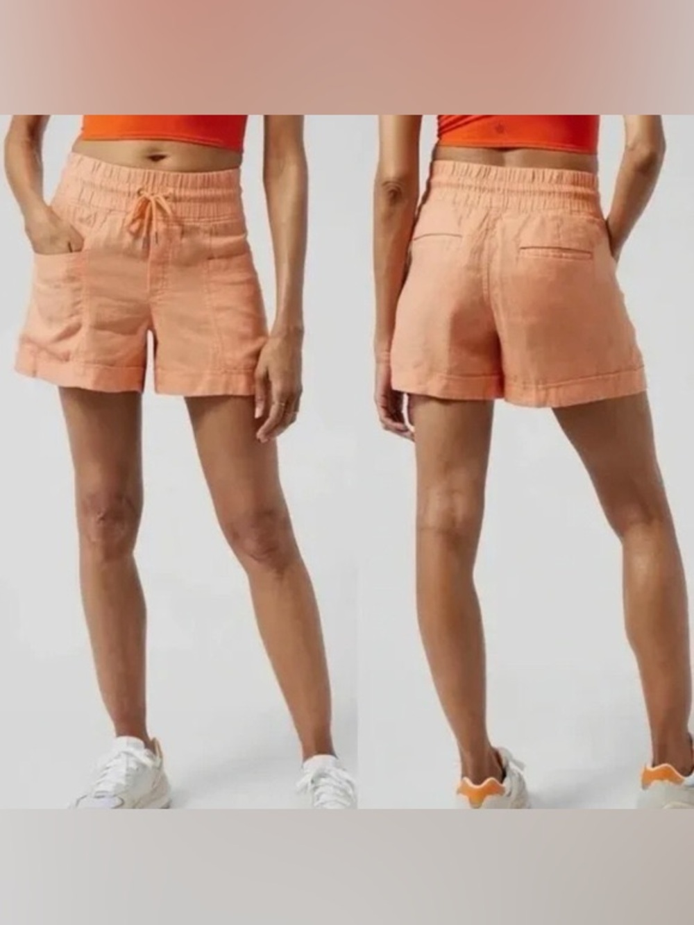 Athleta Cabo Linen 4” Shorts Peach Drawstring Relaxed Fit Size 8